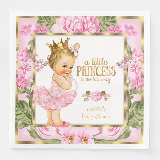 Serviette En Papier Princesse Baby shower Pink Gold Rose Floral Blonde (Devant)