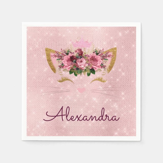 Serviette En Papier Princesse Blush rose étincelle Kitty Monogramme (Devant)