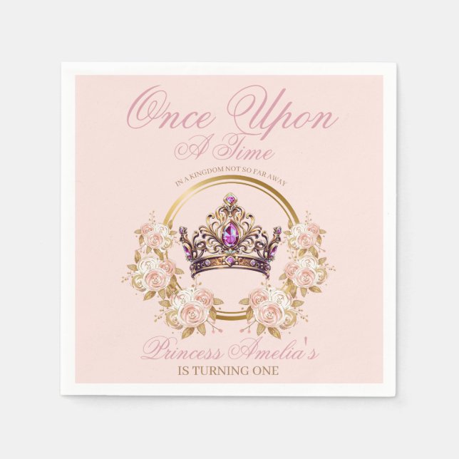 Serviette En Papier Princesse Couronne d'or rose 1er anniversaire (Devant)