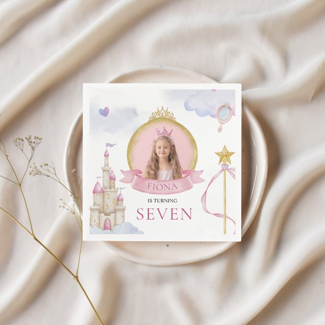 Serviette En Papier Princesse Fairytale mignonne rose fille photo Anni (Custom Girl's Birthday Napkins Princess Fairytale Themed with Photo Whimsical Cute Modern Gold)
