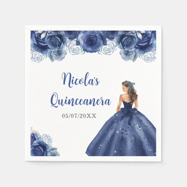 Serviette En Papier Princesse Florale en robe bleu marine Quinceanera (Devant)