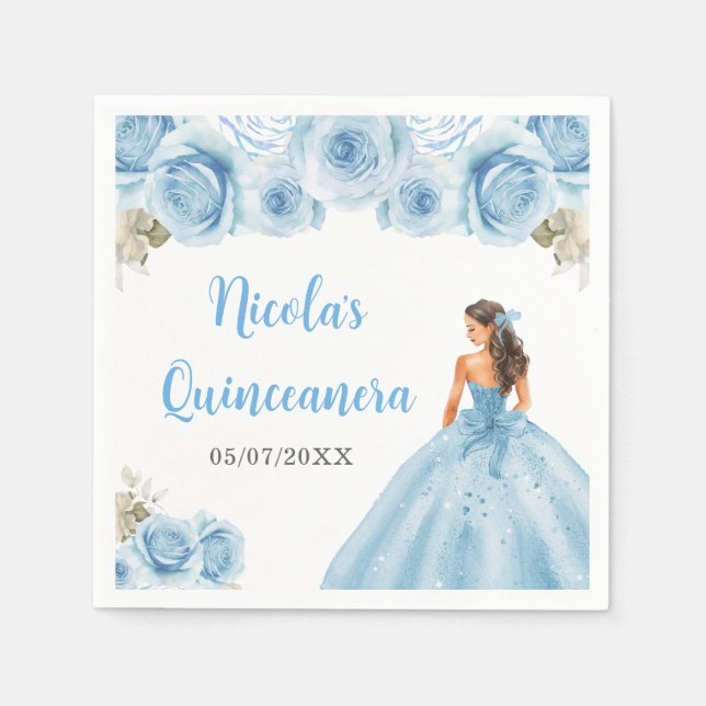 Serviette En Papier Princesse Florale en Robe Bleue Quinceanera (Devant)