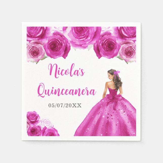 Serviette En Papier Princesse Florale en Robe Chaude Quinceanera (Devant)