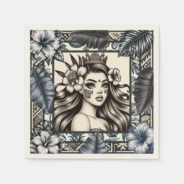 Serviette En Papier Princesse Polynésienne Fleurie Tribale Bleue (Devant)