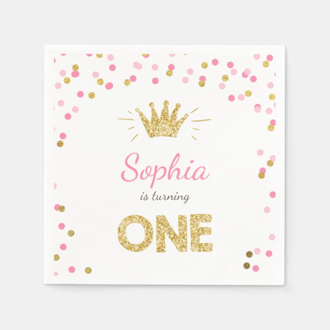 Serviette En Papier Princesse Premier anniversaire Papier Napkin Gold  (Devant)