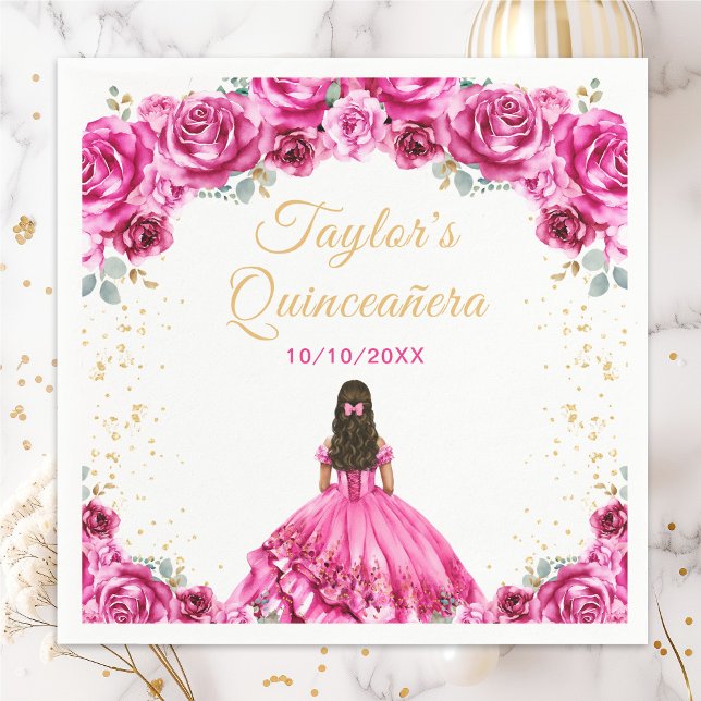 Serviette En Papier Princesse rose chaude Floral Quinceañera (Créateur téléchargé)