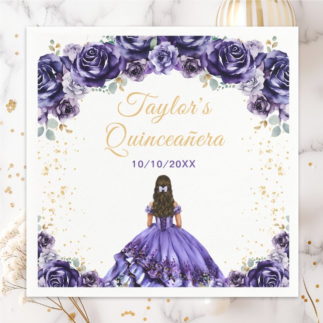 Serviette En Papier Princesse violette foncée Floral Quinceañera (Créateur téléchargé)