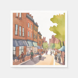Serviette En Papier Promenade à vélo à Boston   North End aquarelle MA
