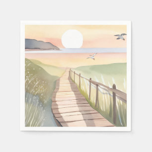 Serviette En Papier Promenade Océanique   Aquarelle Coucher de Soleil 