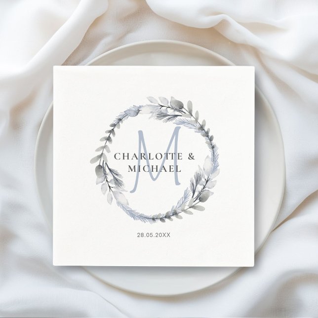 Serviette En Papier Puces monogrammes simples et élégantes (Simple elegant monogram eucalyptus napkins with your names and date.)