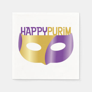 Serviette En Papier Purim et masque violet or heureux