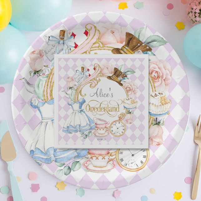 Serviette En Papier Purple Alice au pays des merveilles (Purple, Alice in Wonderland, girl 1st birthday. Onederland birthday party napkins.
)