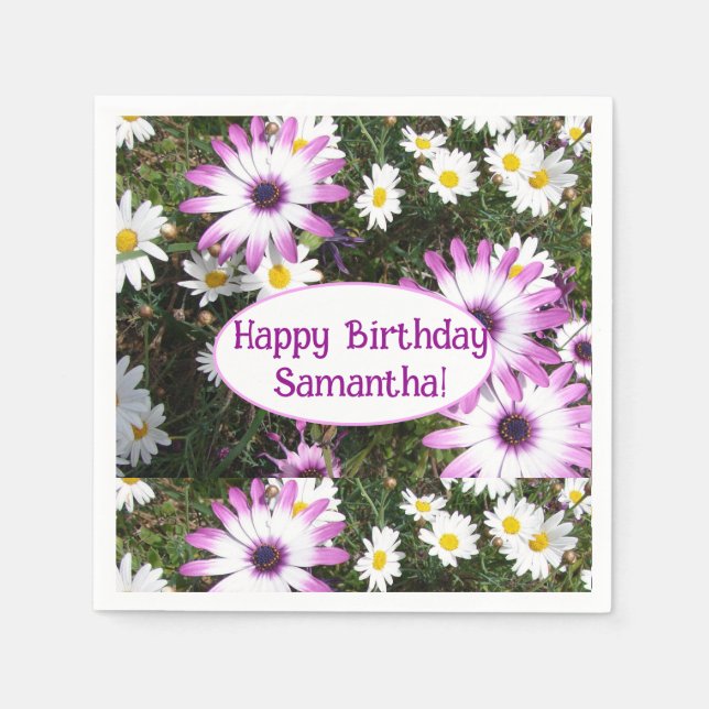 Serviette En Papier Purple and White Daisy Anniversaire Nom personnali (Devant)