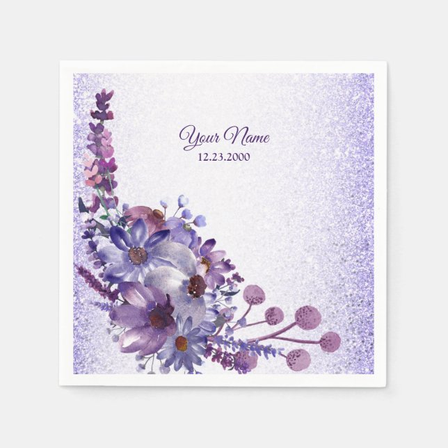 Serviette En Papier Purple Blue Pink Floral Glitter Wedding Party (Devant)