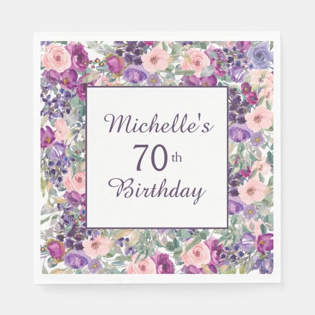Serviette En Papier Purple Blush Rose Floral Feuilles 70e anniversaire (Devant)