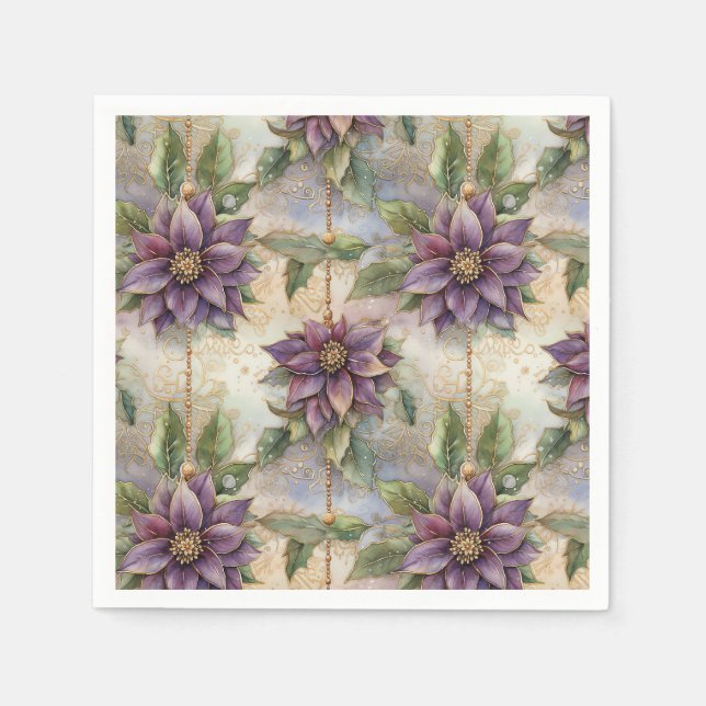 Serviette En Papier Purple Elegance Luxe Poinsettia & Holly Christmas (Devant)