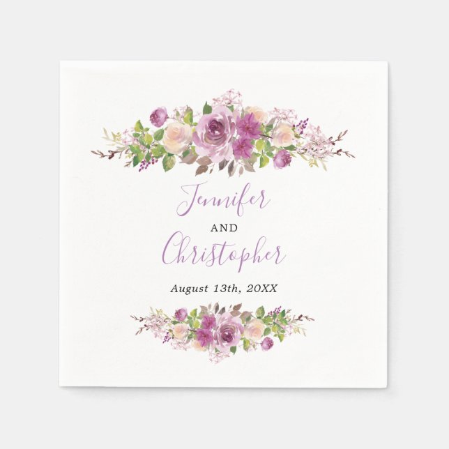 Serviette En Papier Purple Elegant Aquarelle Floral Mariage Napkin (Devant)