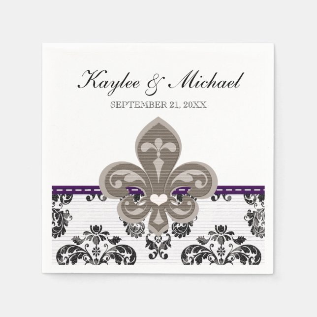 Serviette En Papier Purple et or Fleur de Lis Mariage (Devant)