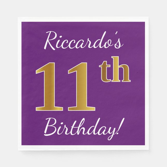 Serviette En Papier Purple, Faux Gold 11e anniversaire + Nom personnal (Devant)