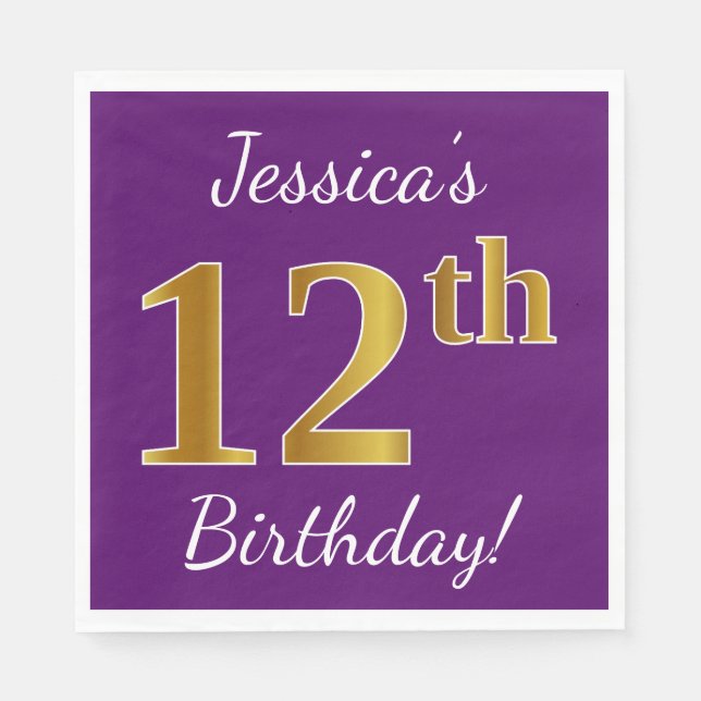 Serviette En Papier Purple, Faux Gold 12e anniversaire + Nom personnal (Devant)