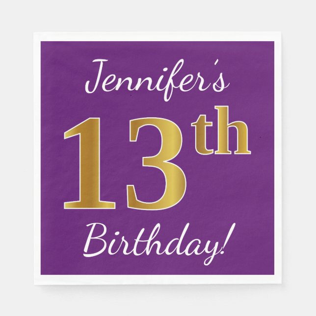Serviette En Papier Purple, Faux Gold 13e anniversaire + Nom personnal (Devant)