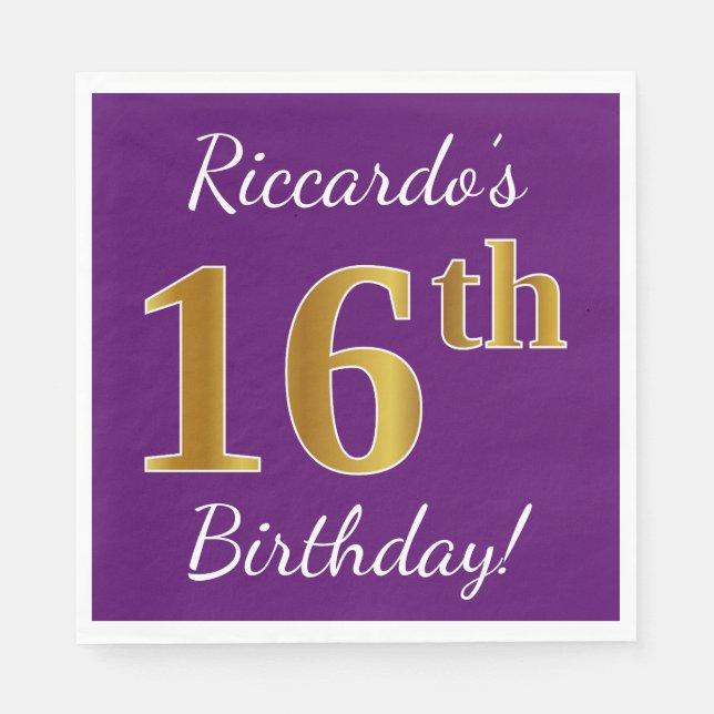 Serviette En Papier Purple, Faux Gold 16e anniversaire + Nom personnal (Devant)