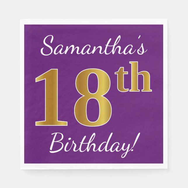 Serviette En Papier Purple, Faux Gold 18e anniversaire + Nom personnal (Devant)