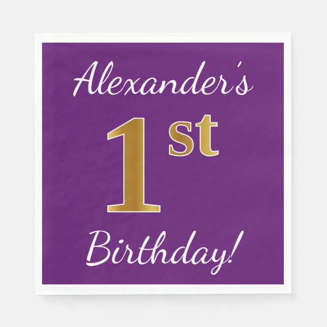 Serviette En Papier Purple, Faux Gold 1er anniversaire + Nom personnal (Devant)