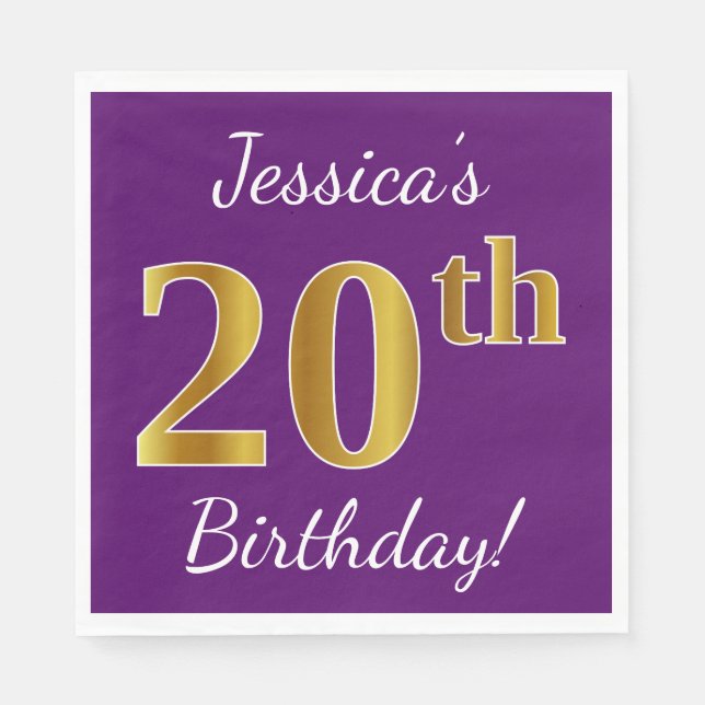 Serviette En Papier Purple, Faux Gold 20e anniversaire + Nom personnal (Devant)