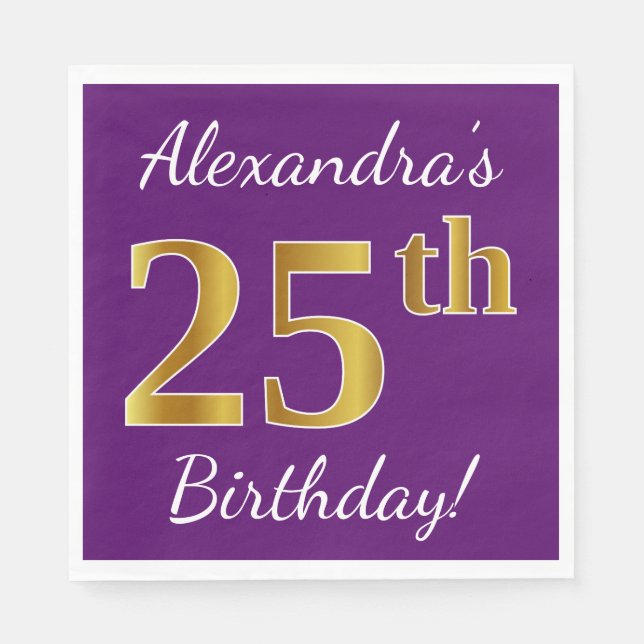 Serviette En Papier Purple, Faux Gold 25e anniversaire + Nom personnal (Devant)