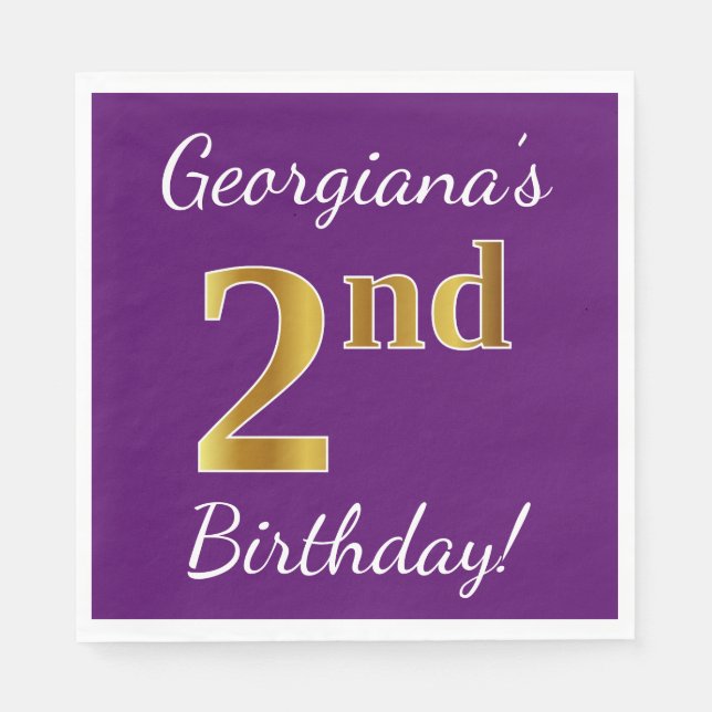 Serviette En Papier Purple, Faux Gold 2e anniversaire + Nom personnali (Devant)