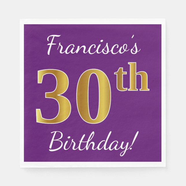 Serviette En Papier Purple, Faux Gold 30e anniversaire + Nom personnal (Devant)
