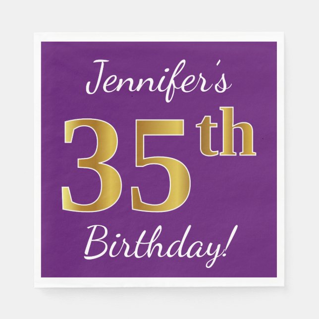 Serviette En Papier Purple, Faux Gold 35e anniversaire + Nom personnal (Devant)