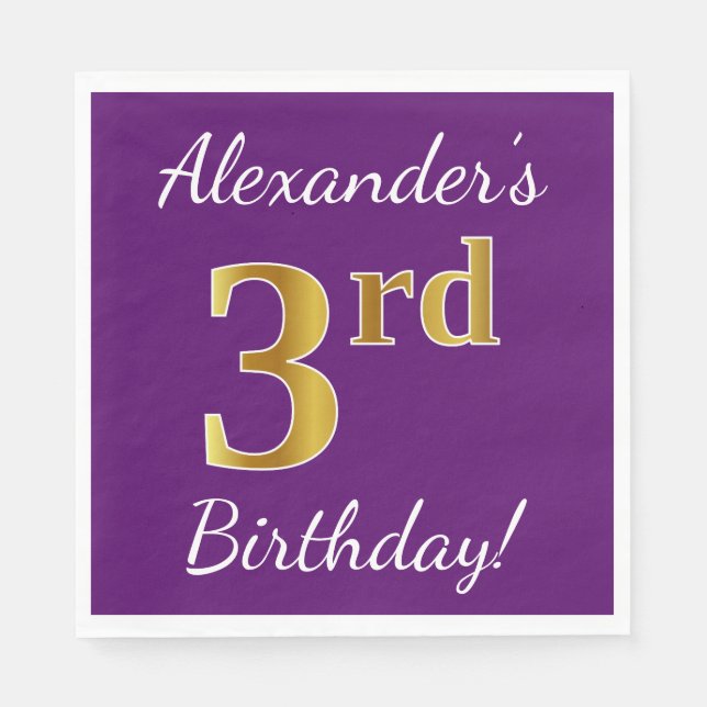 Serviette En Papier Purple, Faux Gold 3ème anniversaire + Nom personna (Devant)