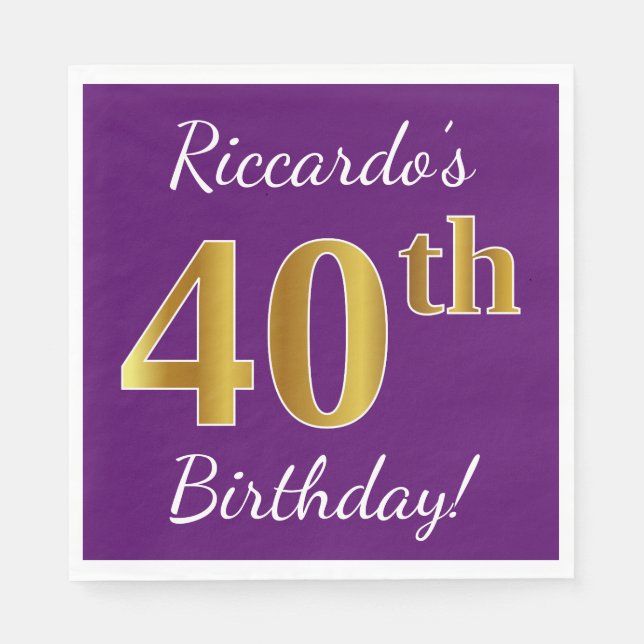 Serviette En Papier Purple, Faux Gold 40e anniversaire + Nom personnal (Devant)