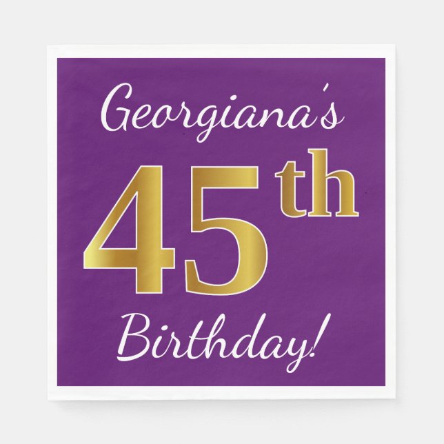Serviette En Papier Purple, Faux Gold 45e anniversaire + Nom personnal (Devant)