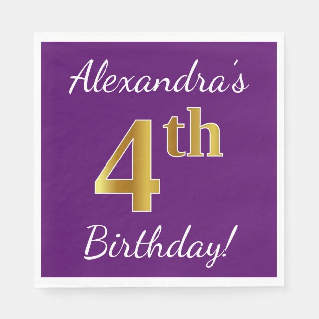 Serviette En Papier Purple, Faux Gold 4e anniversaire + Nom personnali (Devant)