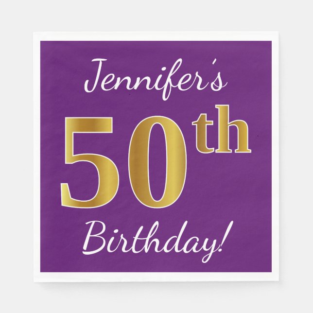 Serviette En Papier Purple, Faux Gold 50e anniversaire + Nom personnal (Devant)