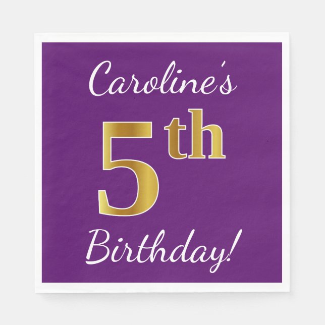 Serviette En Papier Purple, Faux Gold 5e anniversaire + Nom personnali (Devant)