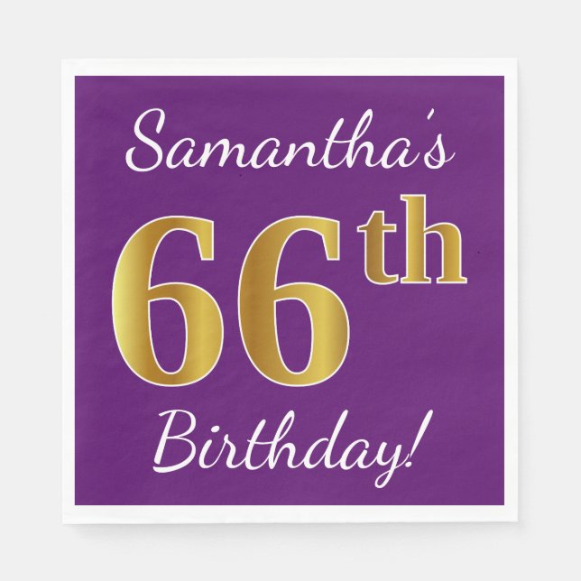 Serviette En Papier Purple, Faux Gold 66e anniversaire + Nom personnal (Devant)