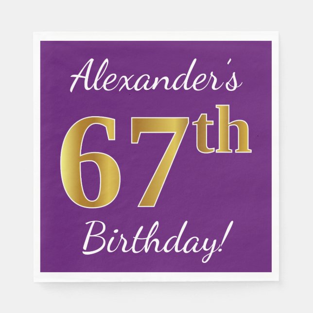 Serviette En Papier Purple, Faux Gold 67e anniversaire + Nom personnal (Devant)