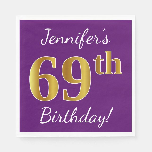 Serviette En Papier Purple, Faux Gold 69e anniversaire + Nom personnal (Devant)