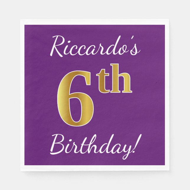 Serviette En Papier Purple, Faux Gold 6e anniversaire + Nom personnali (Devant)