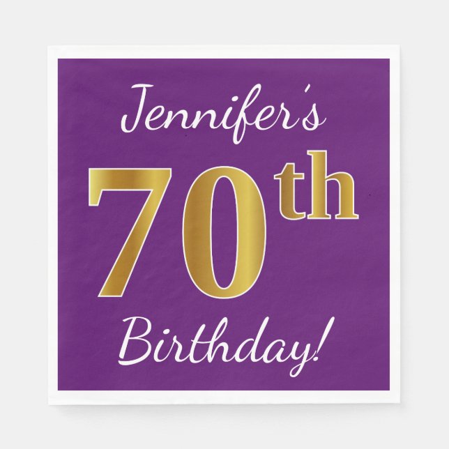 Serviette En Papier Purple, Faux Gold 70e anniversaire + Nom personnal (Devant)