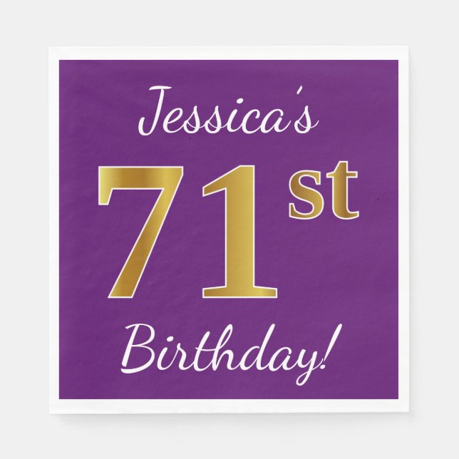Serviette En Papier Purple, Faux Gold 71e anniversaire + Nom personnal (Devant)