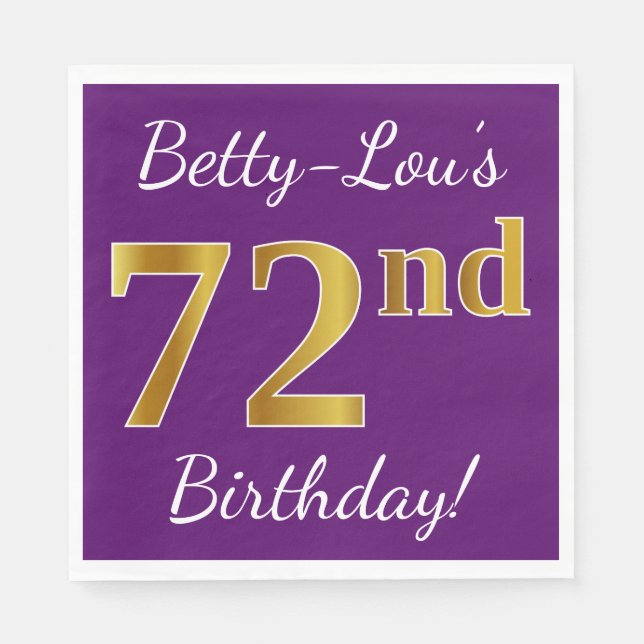 Serviette En Papier Purple, Faux Gold 72e anniversaire + Nom personnal (Devant)