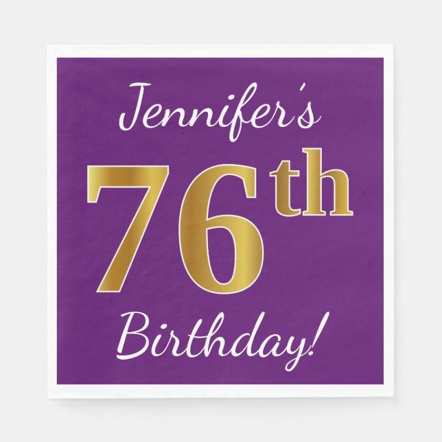 Serviette En Papier Purple, Faux Gold 76e anniversaire + Nom personnal (Devant)