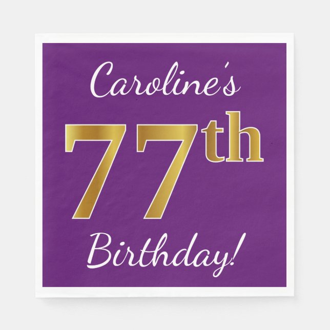 Serviette En Papier Purple, Faux Gold 77e anniversaire + Nom personnal (Devant)