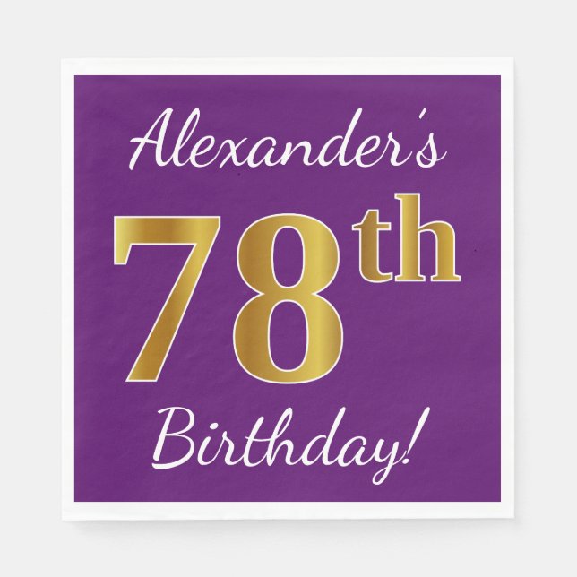 Serviette En Papier Purple, Faux Gold 78e anniversaire + Nom personnal (Devant)