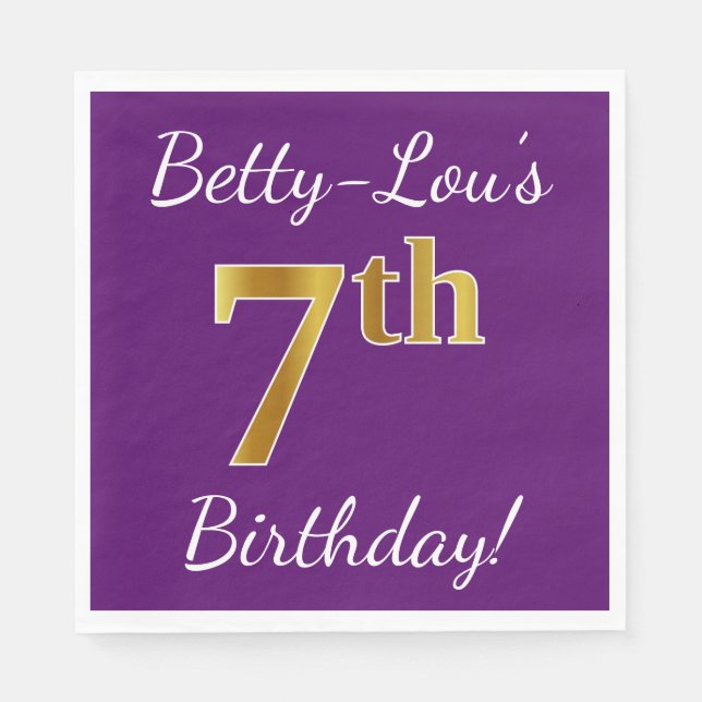 Serviette En Papier Purple, Faux Gold 7e anniversaire + Nom personnali (Devant)